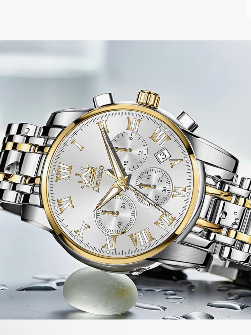 New! QUARTZ Devaco Business Mens Chronograph Watch Stainless Steel Waterproof